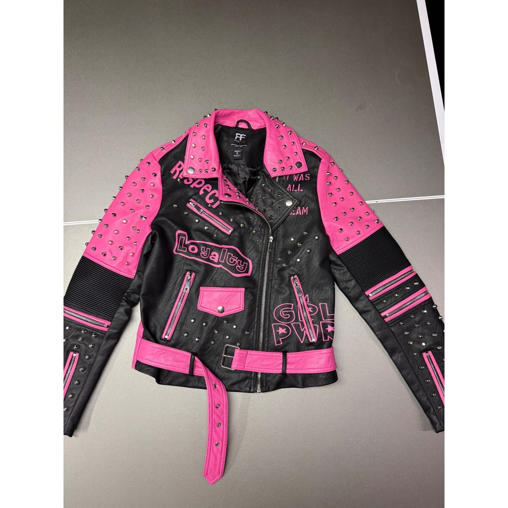 Redfox Girl Pwr Studded Moto Jacket Black Pink Faux Leather Biker S
